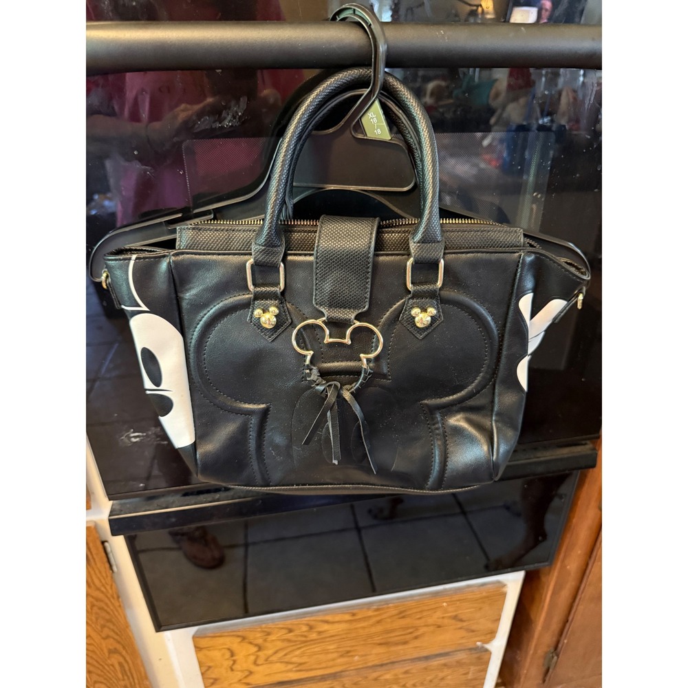 Disney Mickey Mouse Black Faux Leather Satchel Handbag Gold Hardware Tassel
